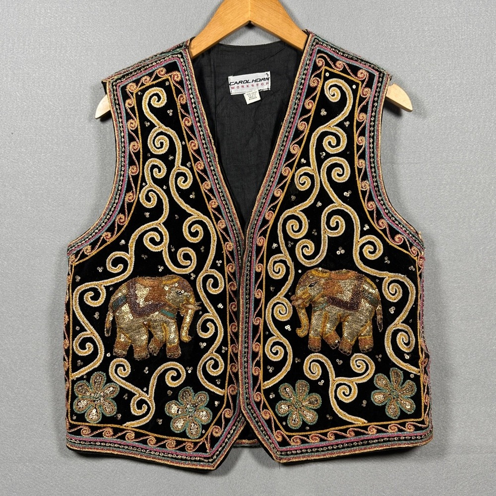 VTG Carol Horn Workshop Elephant Vest Black Velvet Sequined Embroidered Boho M